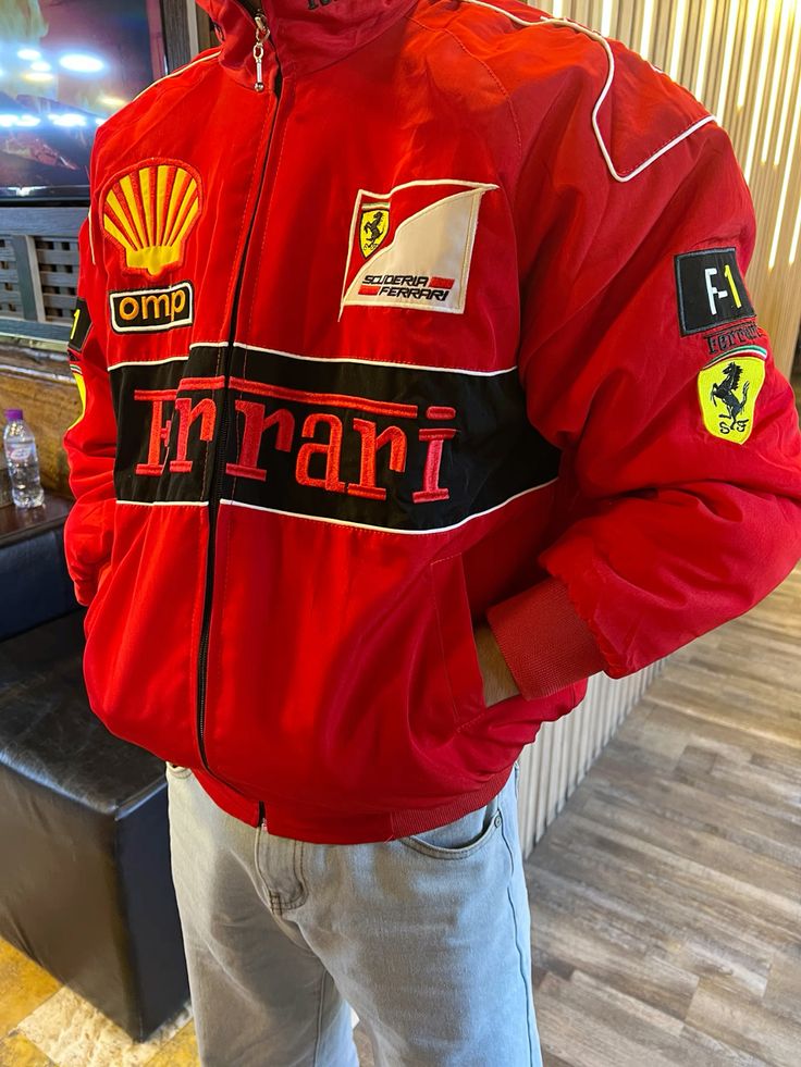 F1 RED FERRARI PUFFER EMBROIDERY UNISEX RACING JACKET