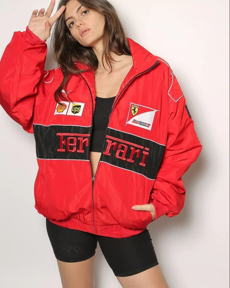 F1 RED FERRARI PUFFER EMBROIDERY UNISEX RACING JACKET
