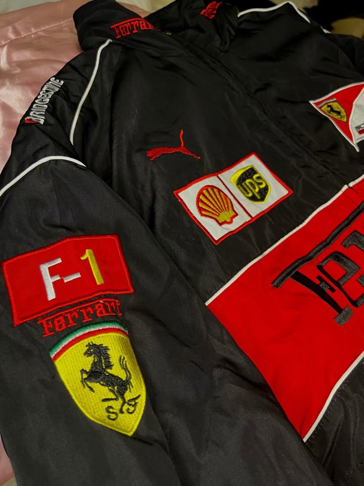 F1 BLACK FERRARI PUFFER EMBROIDERY UNISEX RACING JACKET