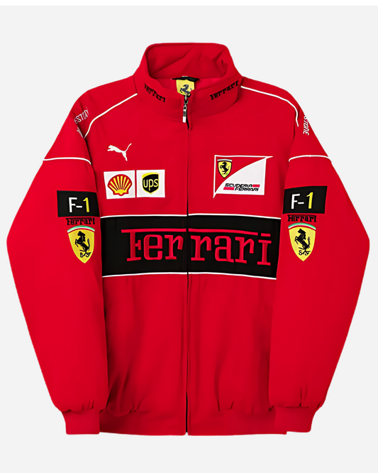 F1 RED FERRARI PUFFER EMBROIDERY UNISEX RACING JACKET